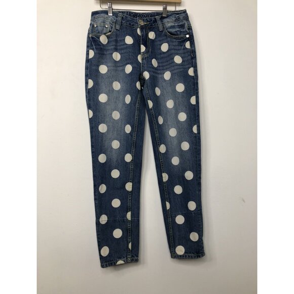 Lala Bobo Womens 27x29 Blue Denim Jeans Polka Dots Tapered Leg Loud Fun - Picture 2 of 8